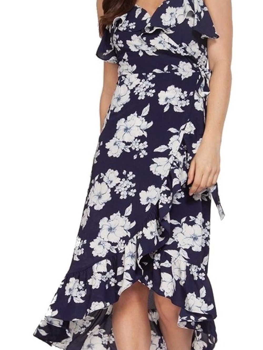Dex Womens Wrap Dress White Small Floral-Print Ruffle Blue S